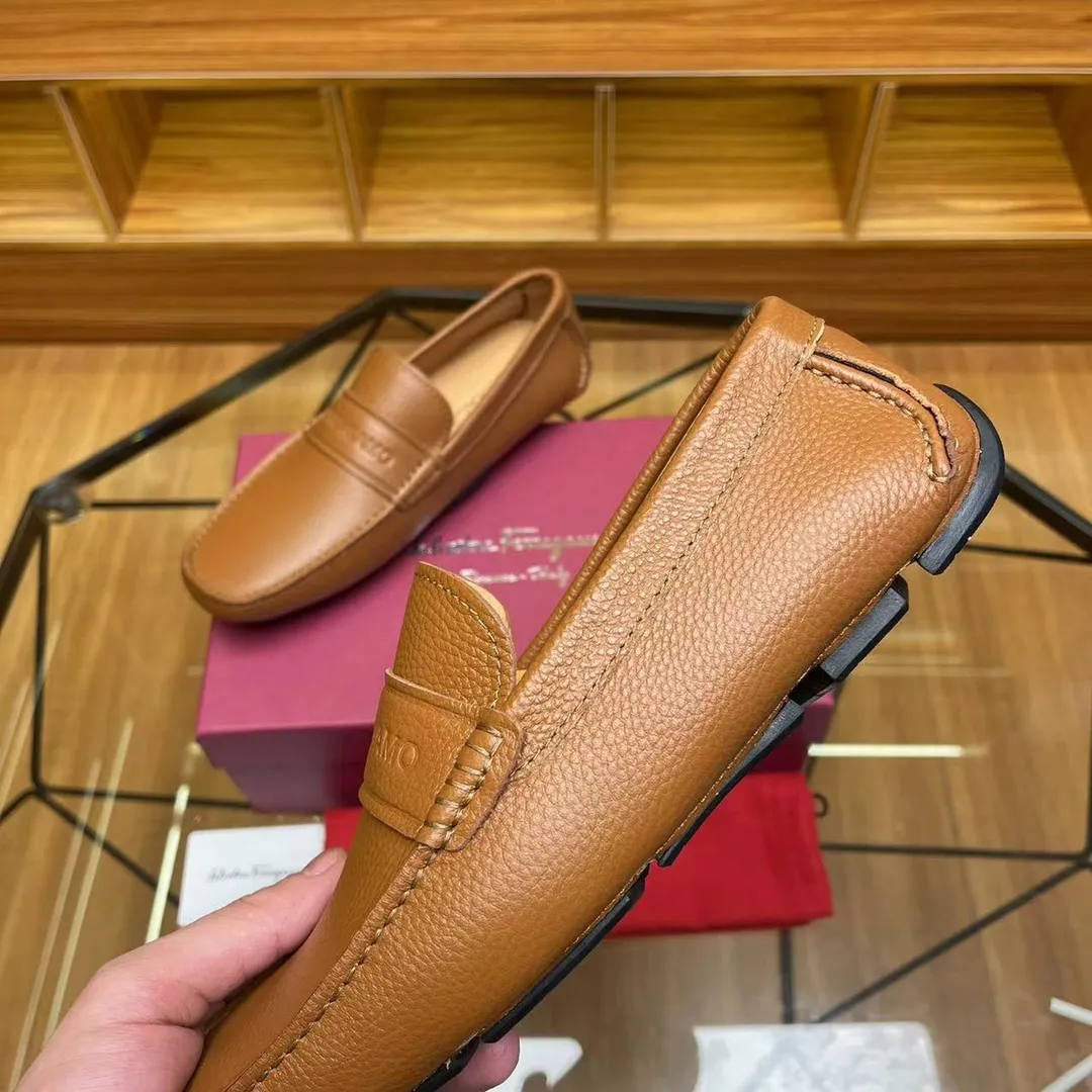 Men's shoes 💰560Ferragamo high-end quality 🔥 light brown pebbled grain ➕ cowhide lining size 38-45